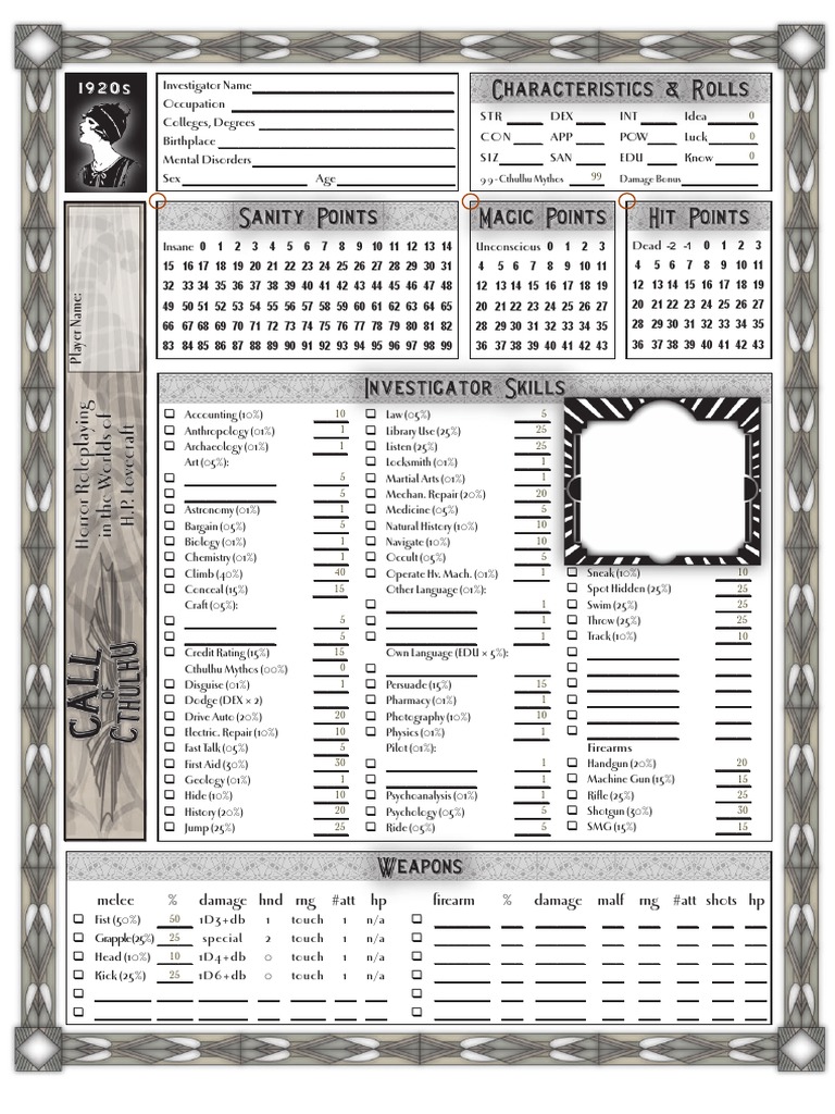6th Edition Call of Cthulhu Character Sheet | PDF
