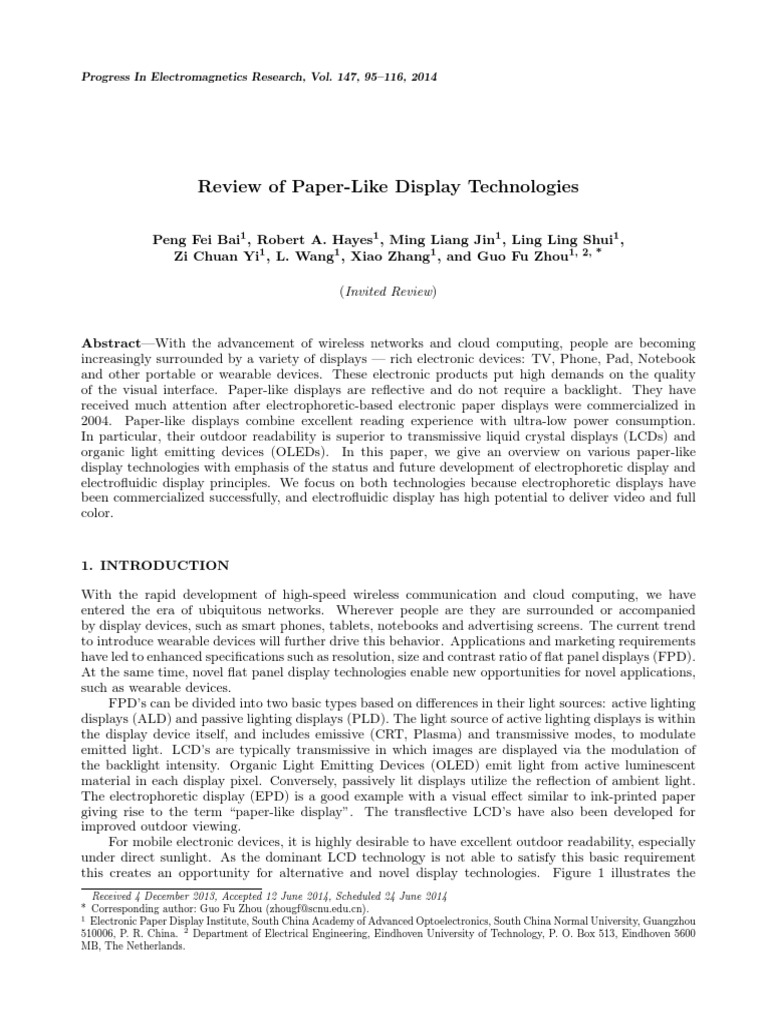 Review of PaperLike Display Technologies Progress in