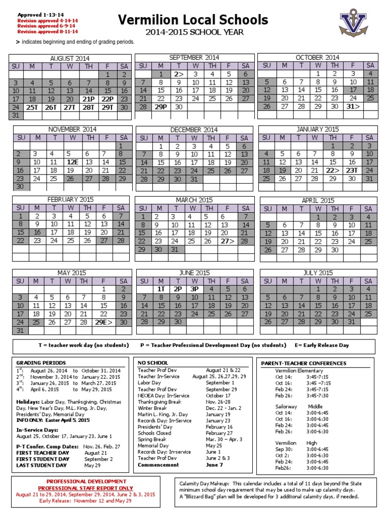Vermilion School 20142015 Calendar PDF Holidays Seasons