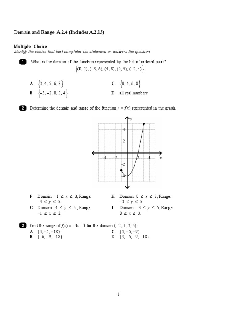 Domain and Range A.2.4 (Includes A.2.13) : Multiple Choice | PDF | Domain  Of A Function | Function (Mathematics)