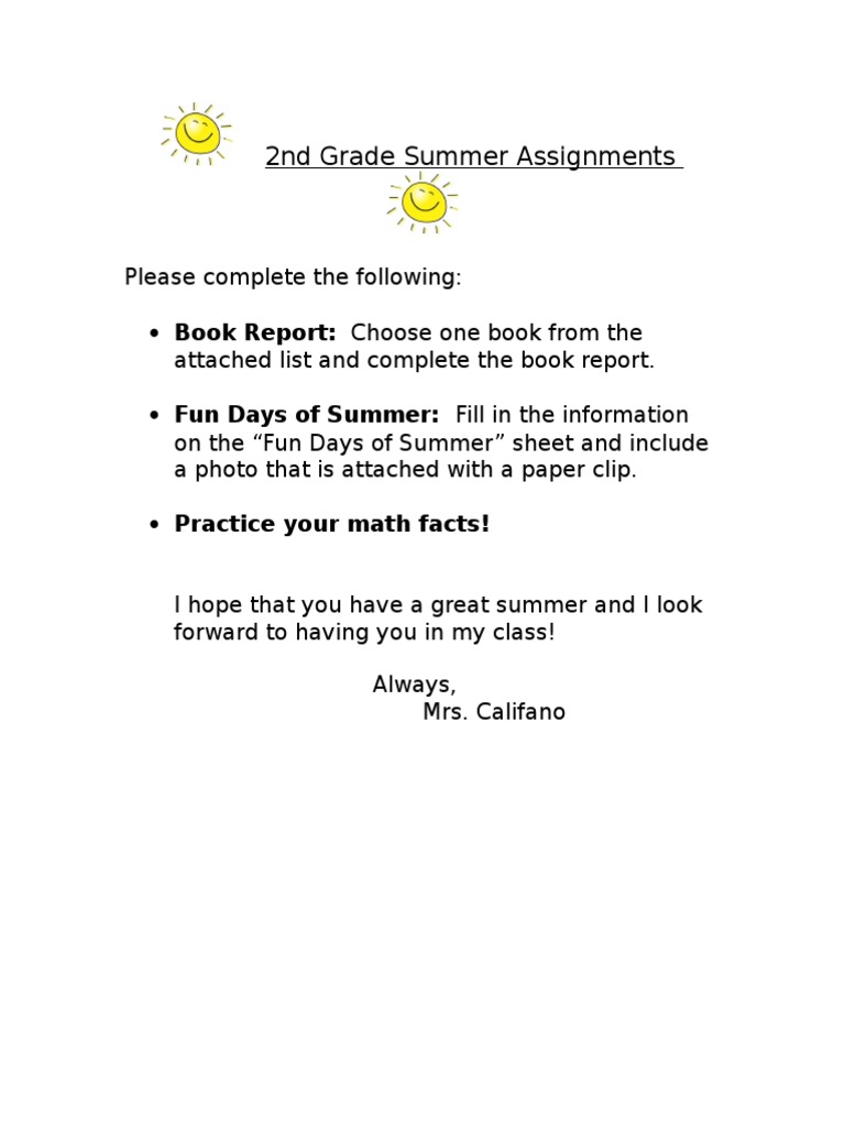 2nd Grade Summer Assignments Guide | PDF | Home & Garden | General Fiction