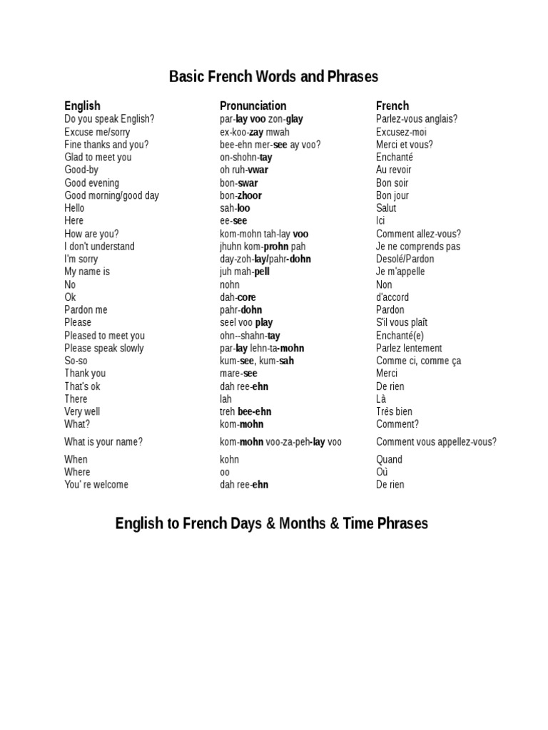 Basic French Words and Phrases PDF