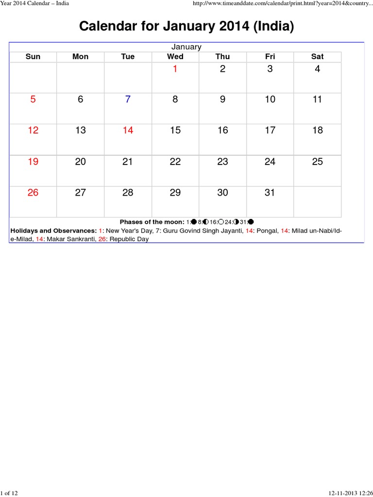 Year 2014 Calendar - India | PDF | Holidays | Religious Holidays, image size:768x1024