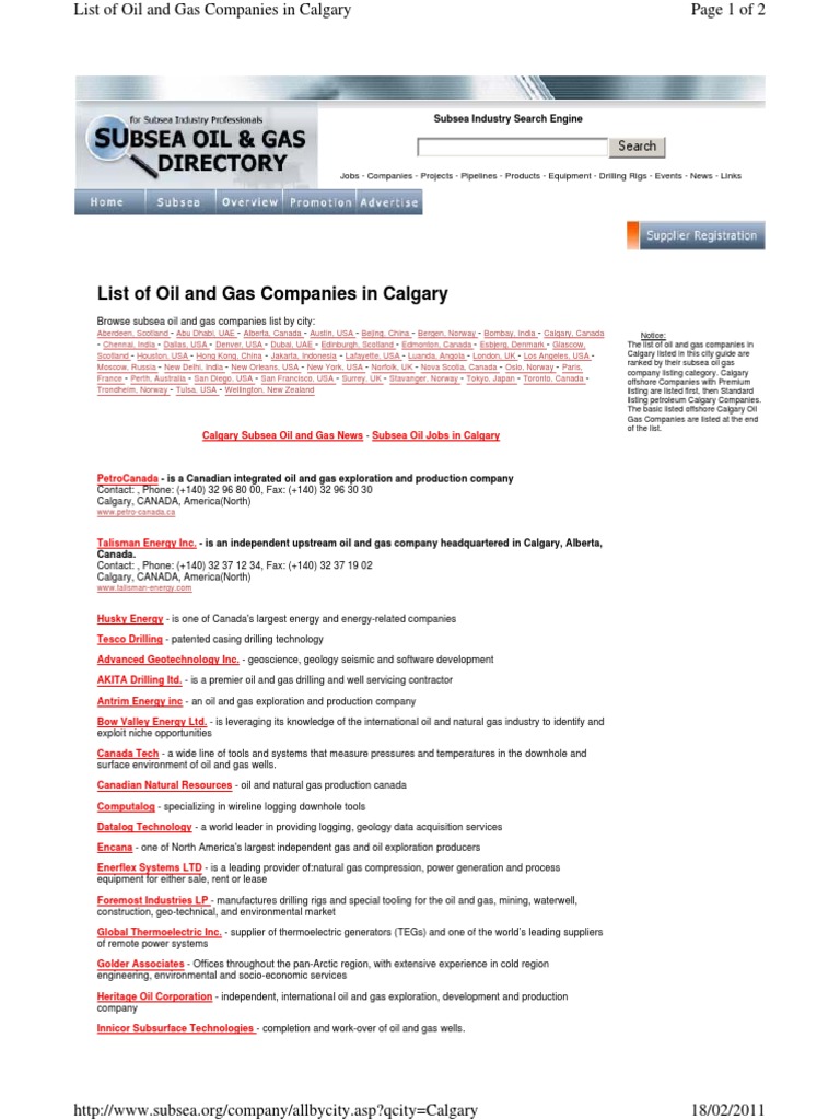 Oil Companies Calgary Canada PDF Oil Well Natural Gas