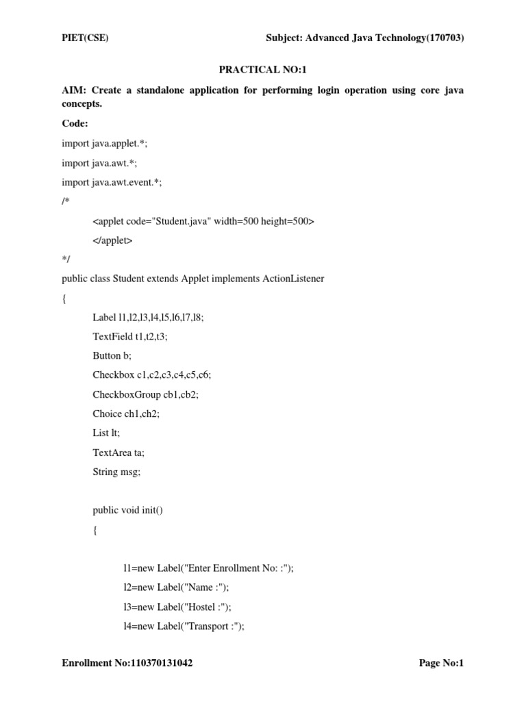 Subject: Advanced Java Technology (170703) : Piet (Cse) | PDF