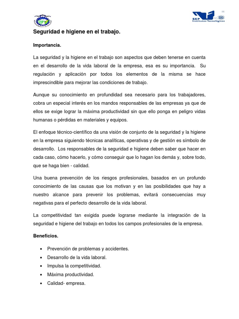 Informe sobre Seguridad e Higiene Laboral | PDF | Seguridad y salud ...