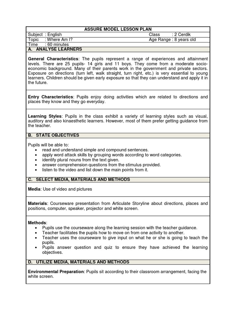 Assure Model Lesson Plan Teachers Reading Comprehension
