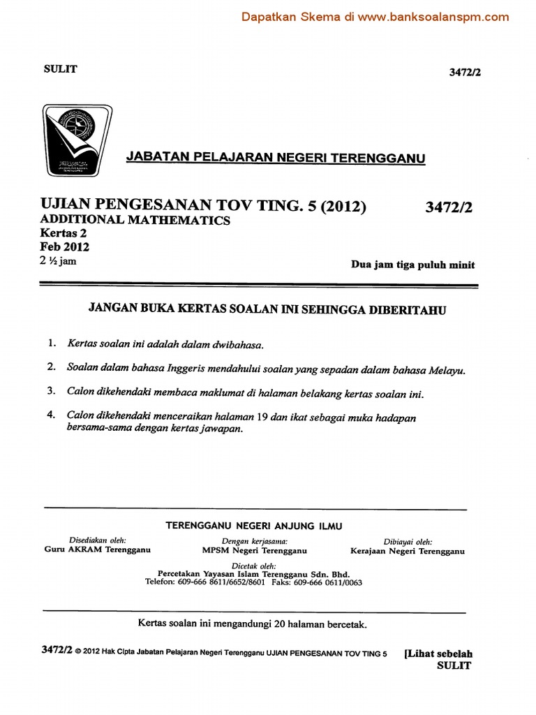 Matematik Tambahan Kertas 2 Ting 5 Tov Terengganu 2012 Pdf