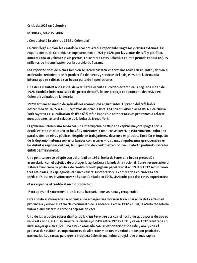 Impacto de la Crisis de 1929 en Colombia | PDF | Gran depresion ...