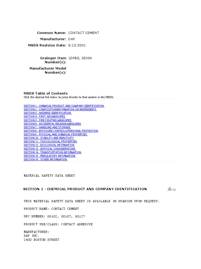 MSDS Contact Cement PDF Combustion Personal Protective Equipment