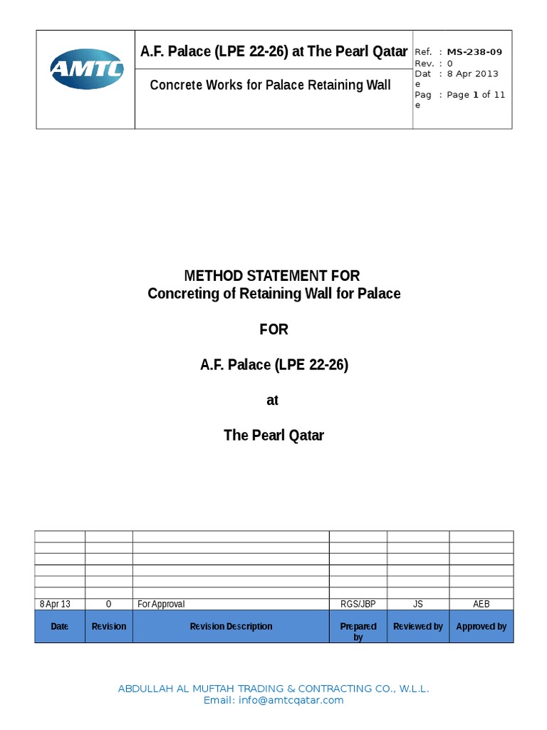 Retaining Wall Method Statement for A.F. Palace | PDF | Building ...