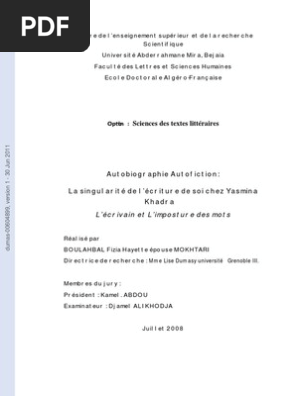La Singularite De L Ecriture De Soi Chez Yasmina Khadra Autobiographies Romans