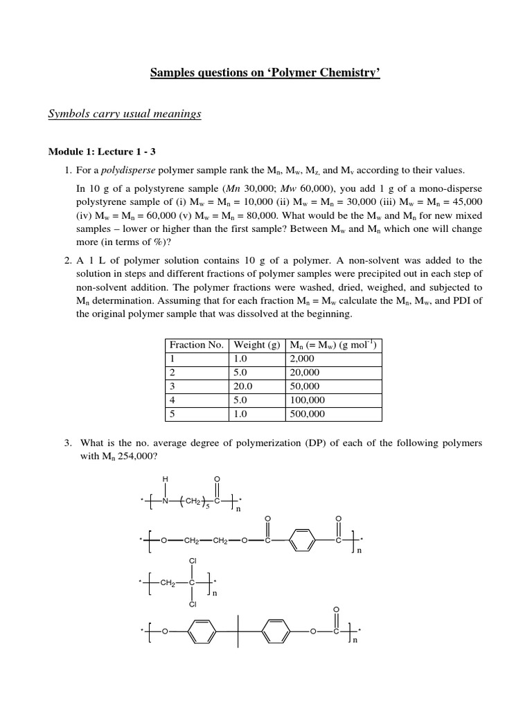 Polymer Chemistry Practice Questions | PDF | Polymers | Polymerization