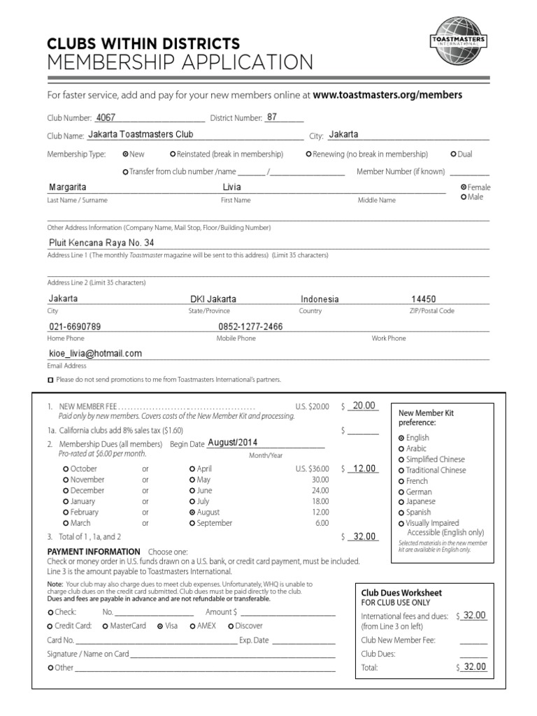 Toastmasters Membership Application Form | PDF | Business