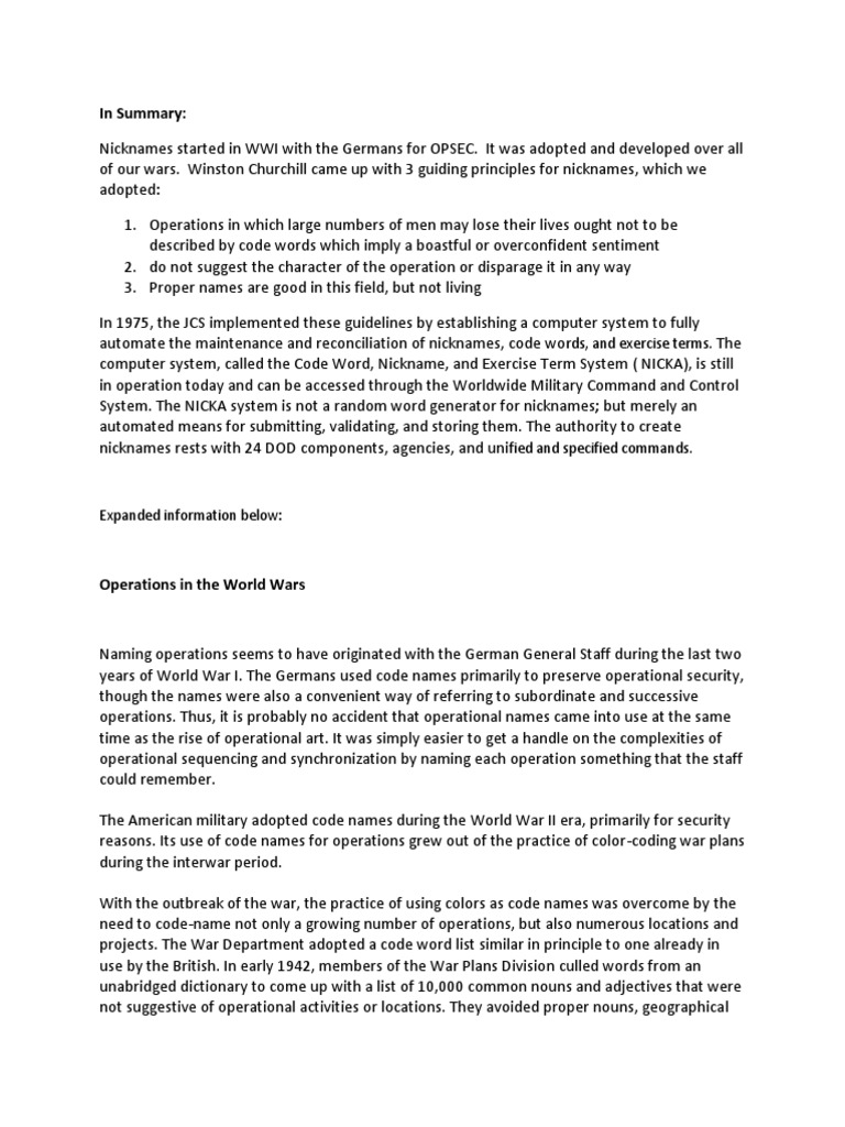 Military Operations Nicknames Military National Security Free 30