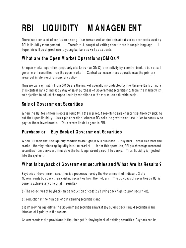 Rbi Liquidity Management PDF Repurchase Agreement Reserve Bank Of