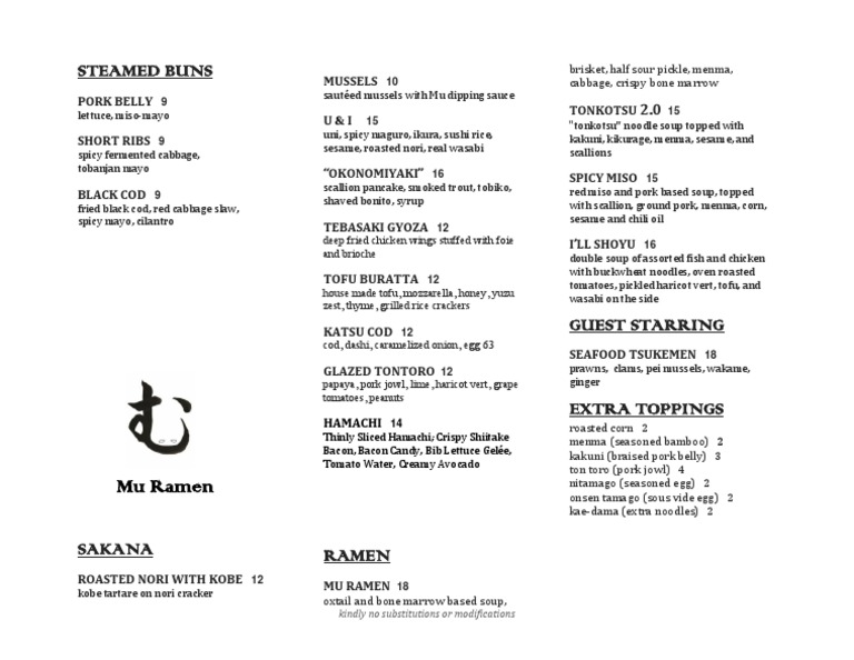 Diverse Asian Menu: Buns, Sakana, Ramen | PDF | Cooking, Food & Wine