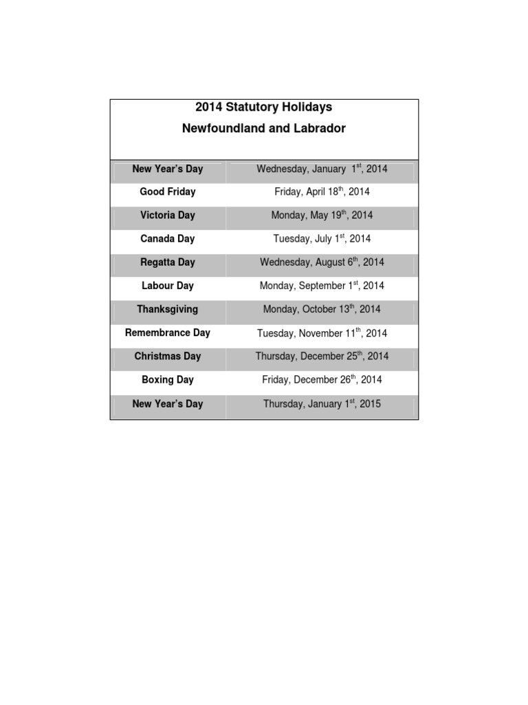 2014 Statutory Holiday Schedule PDF