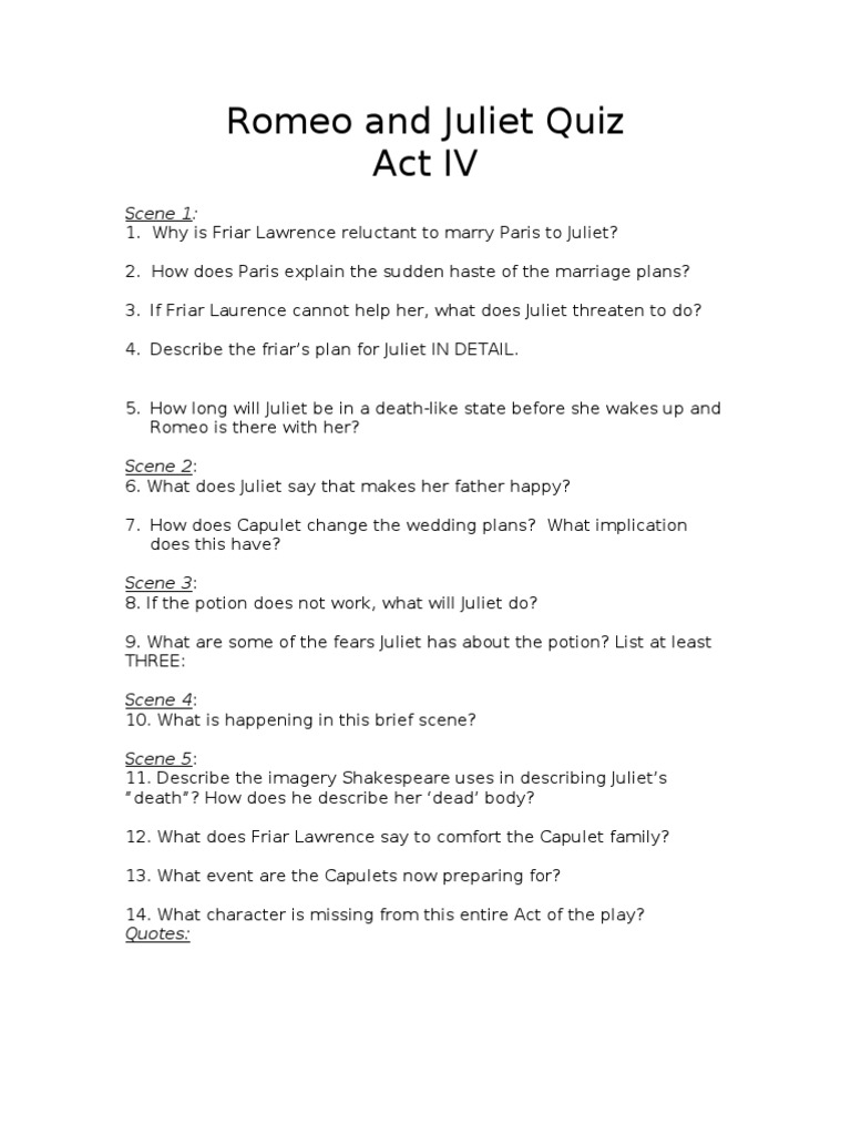 Act IV Quiz Mrs. P Characters In Romeo And Juliet Romeo And Juliet