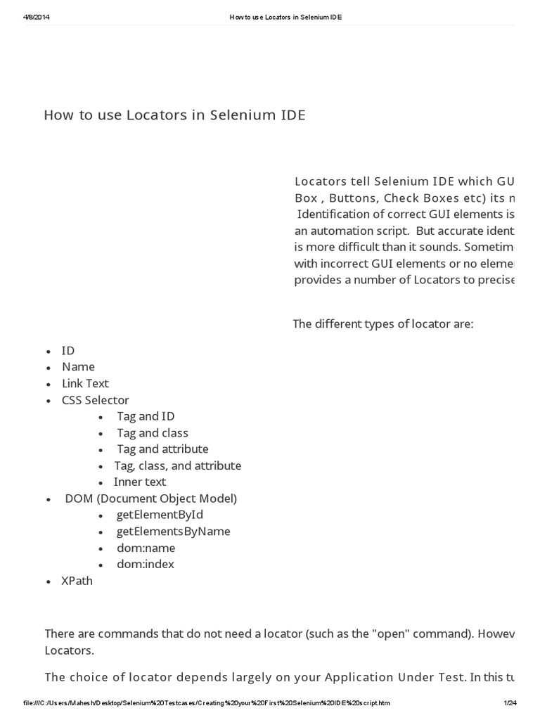 How To Use Locators in Selenium IDE PDF Html Element X Path
