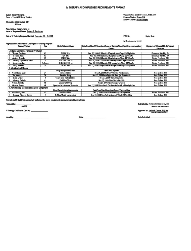 IV Infusion Certification Record | PDF | Intravenous Therapy | Clinical ...
