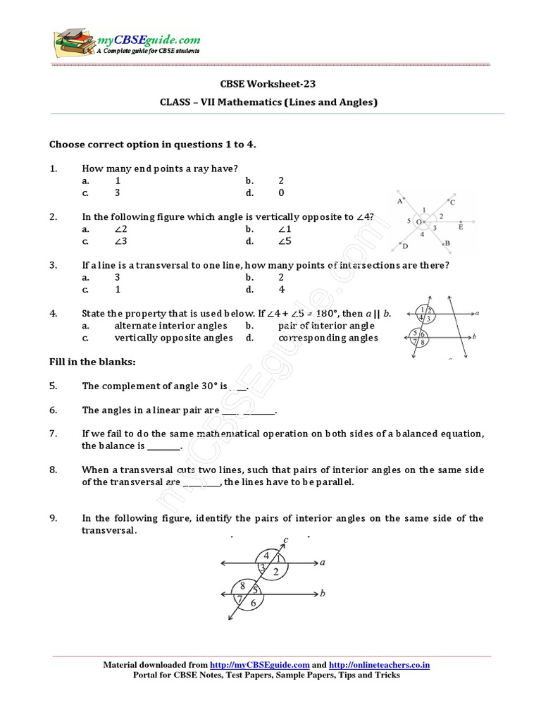 Class VII Math: Lines and Angles Quiz | PDF | Teaching Methods & Materials