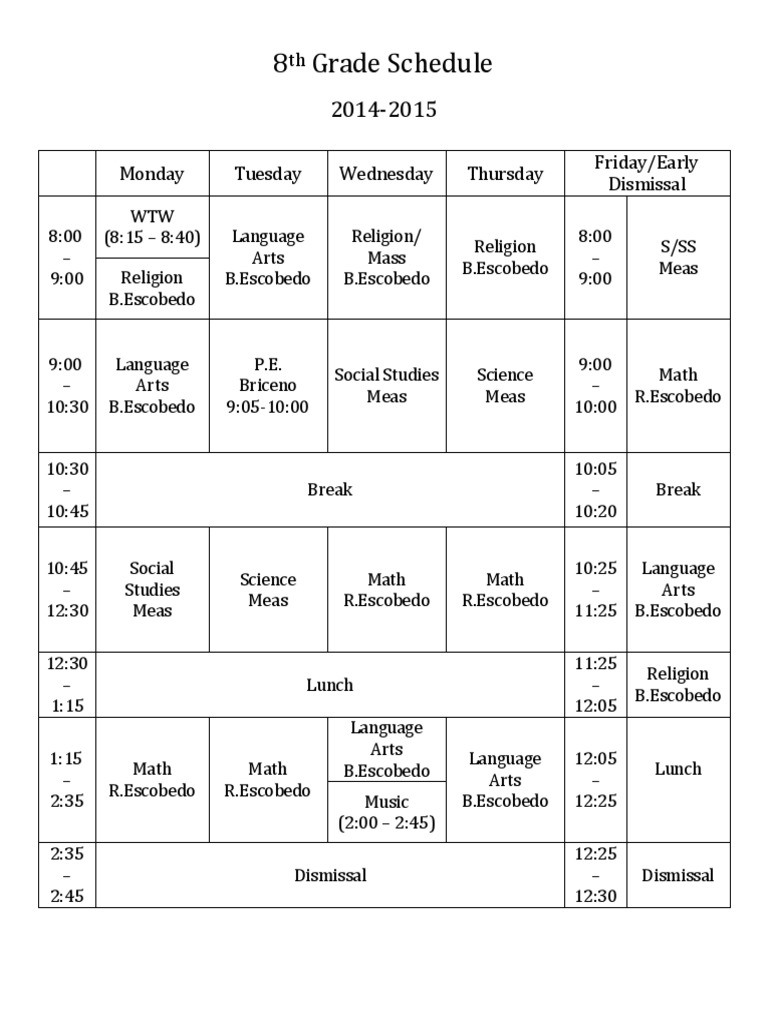 8th Grade Weekly Class Schedule | PDF | Language Arts & Discipline