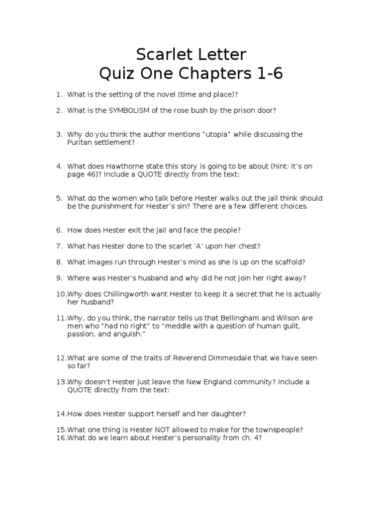 Scarlet Letter Quiz One Chapters 1 6 The Scarlet Letter Novels