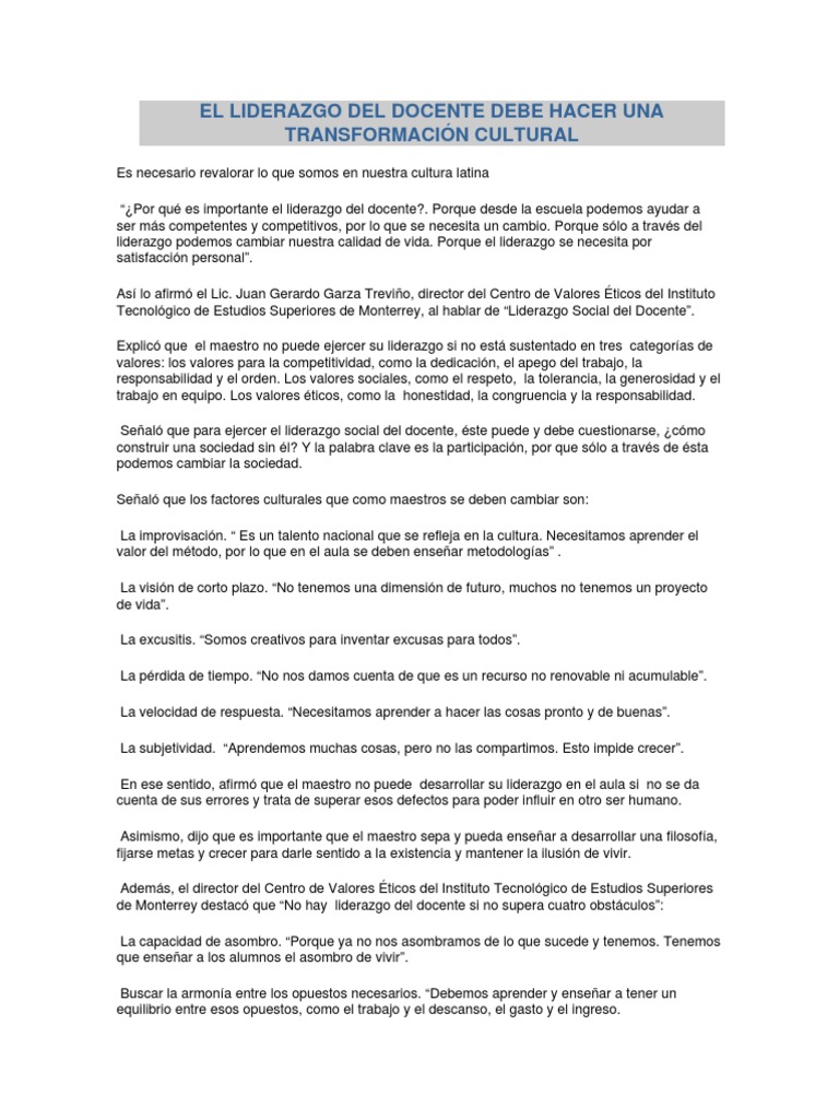 Liderazgo Docente y Transformación Cultural | PDF | Liderazgo | Salón ...