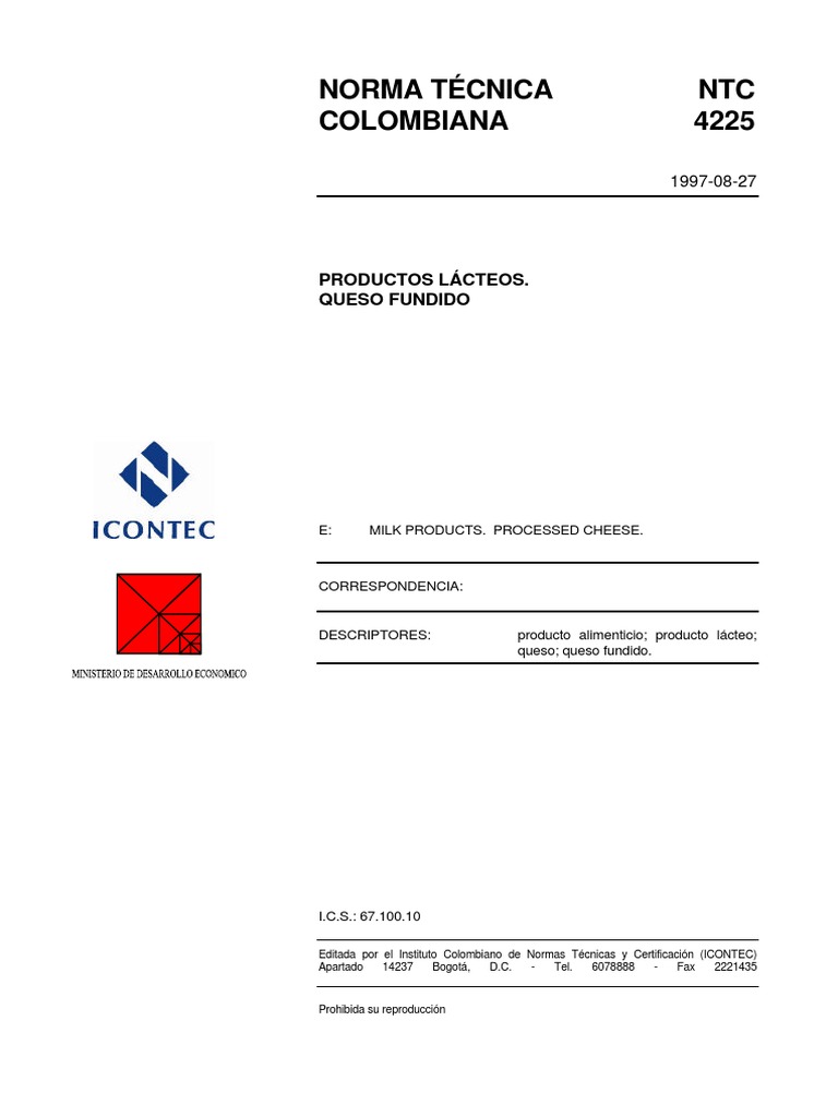 Norma Técnica NTC 4225: Queso Fundido | PDF | Queso | Leche