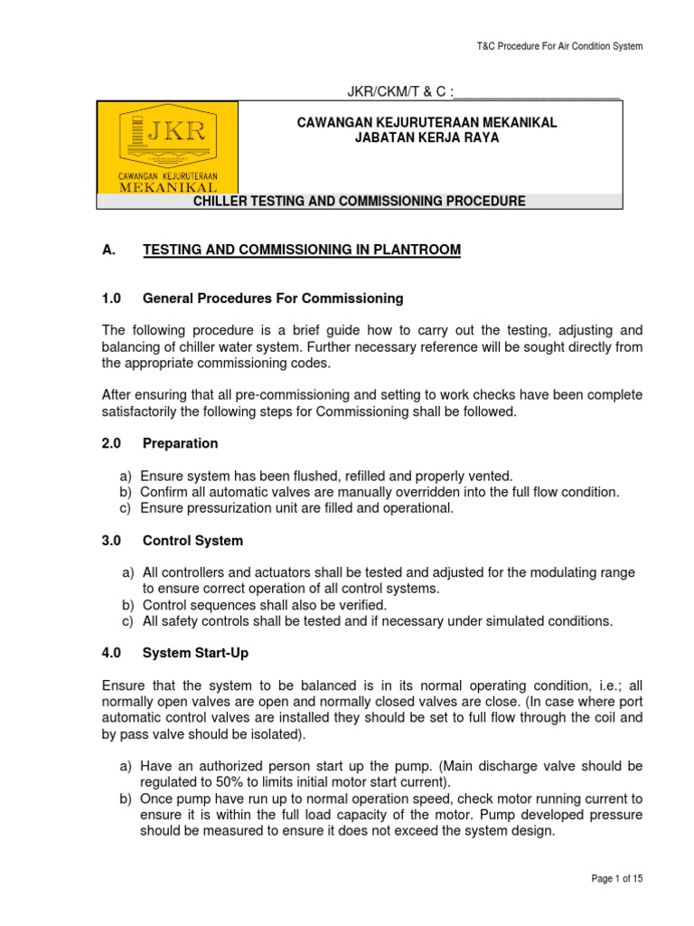 Chiller Testing and Commissioning Guide | PDF | Duct (Flow) | Thermal ...