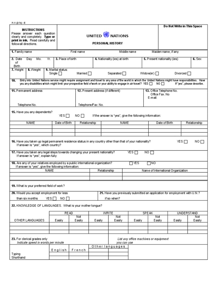 UN Personal History Form Instructions | PDF | Employment | Salary