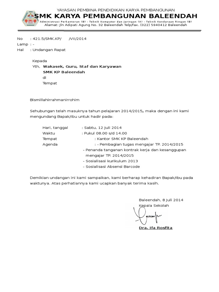 Contoh Undangan Rapat Sekolah