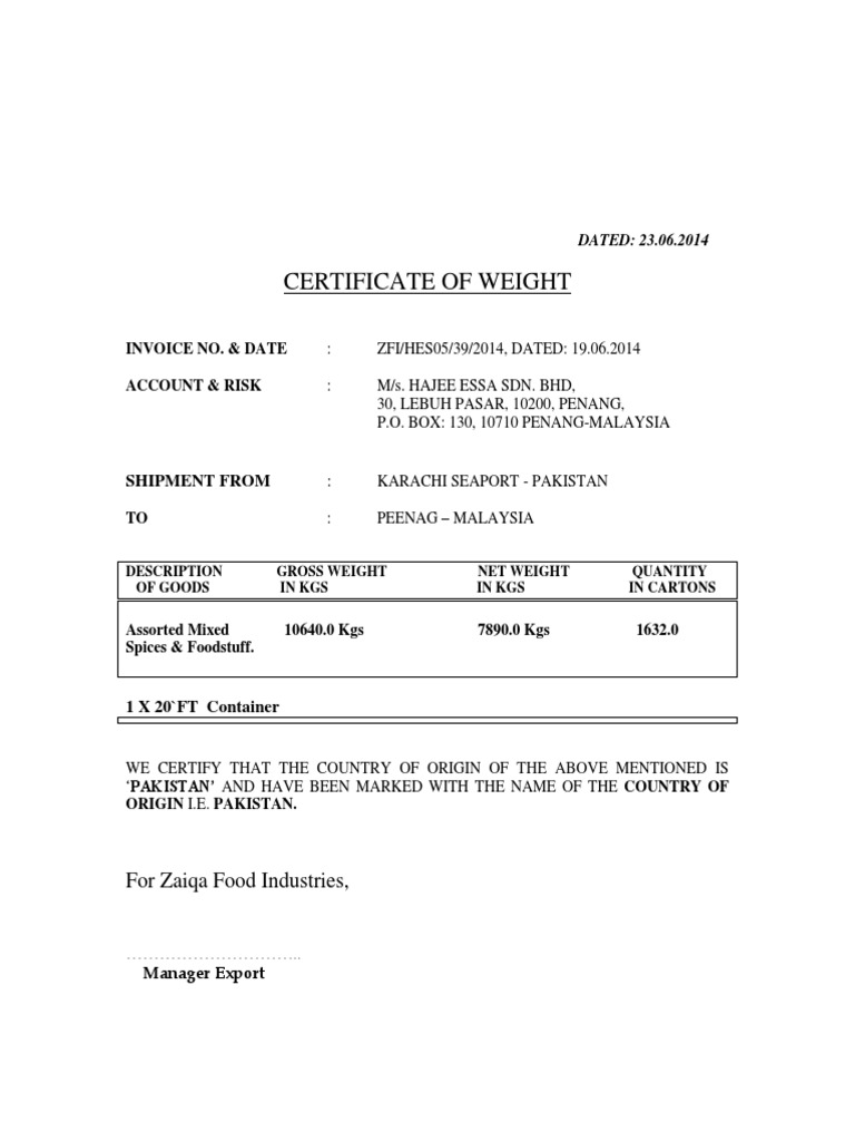 Certificate of Weight for Export | PDF