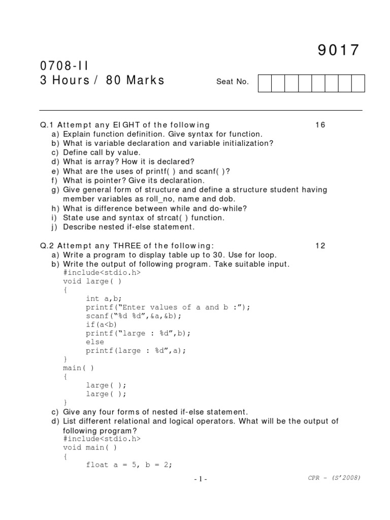 C Programming Exam Questions and Solutions | PDF | C (Programming ...