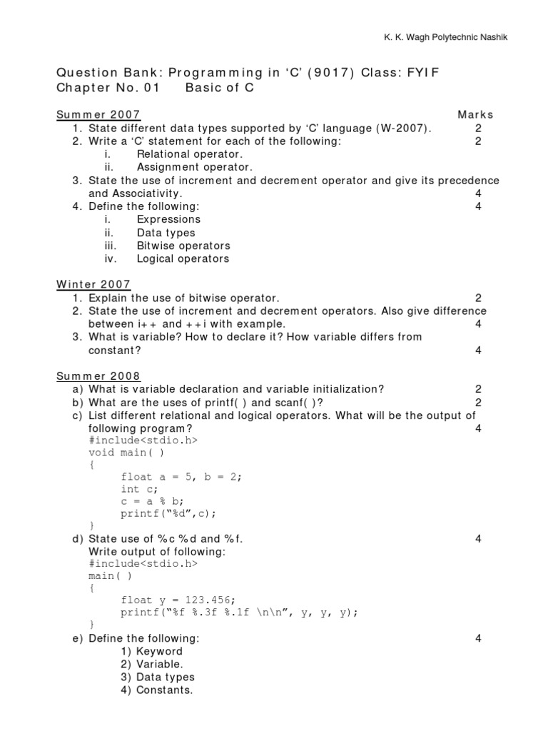 Cpr Qb Chapter 01 New Pdf C Programming Language Mathematical Logic