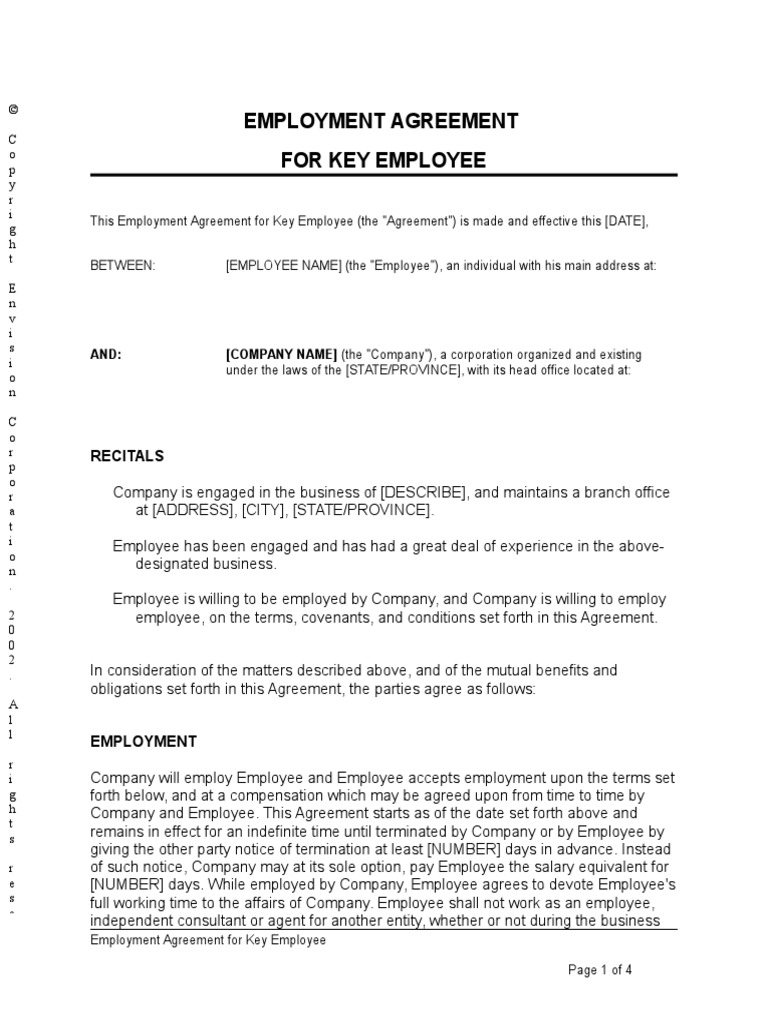 Employment Agreement Key Employee Copy Trade Secret Copyright Employment Agreement Key Employee Copy Trade Secret Copyright