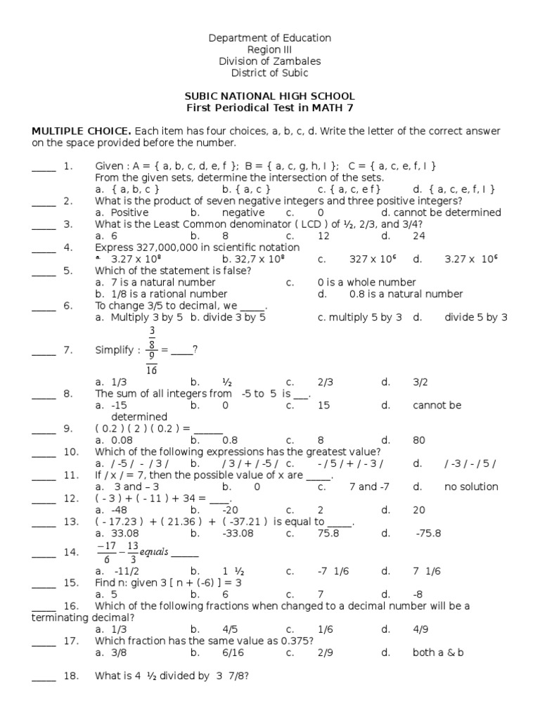 Math 7 Periodical Test PDF Fraction (Mathematics) Arithmetic