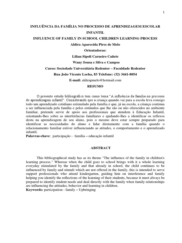 1 - Influencia Da Familia No Processo de Aprendizagem Escolar Infantil ...