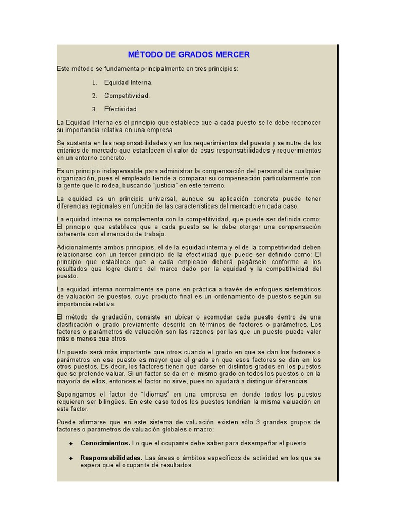 Método de Grados Mercer: Valuación de Puestos | PDF | Competitividad ...