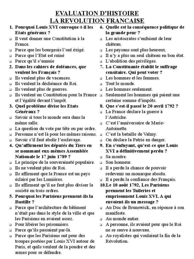 Fiche De Revision La Revolution Francaise 1ere