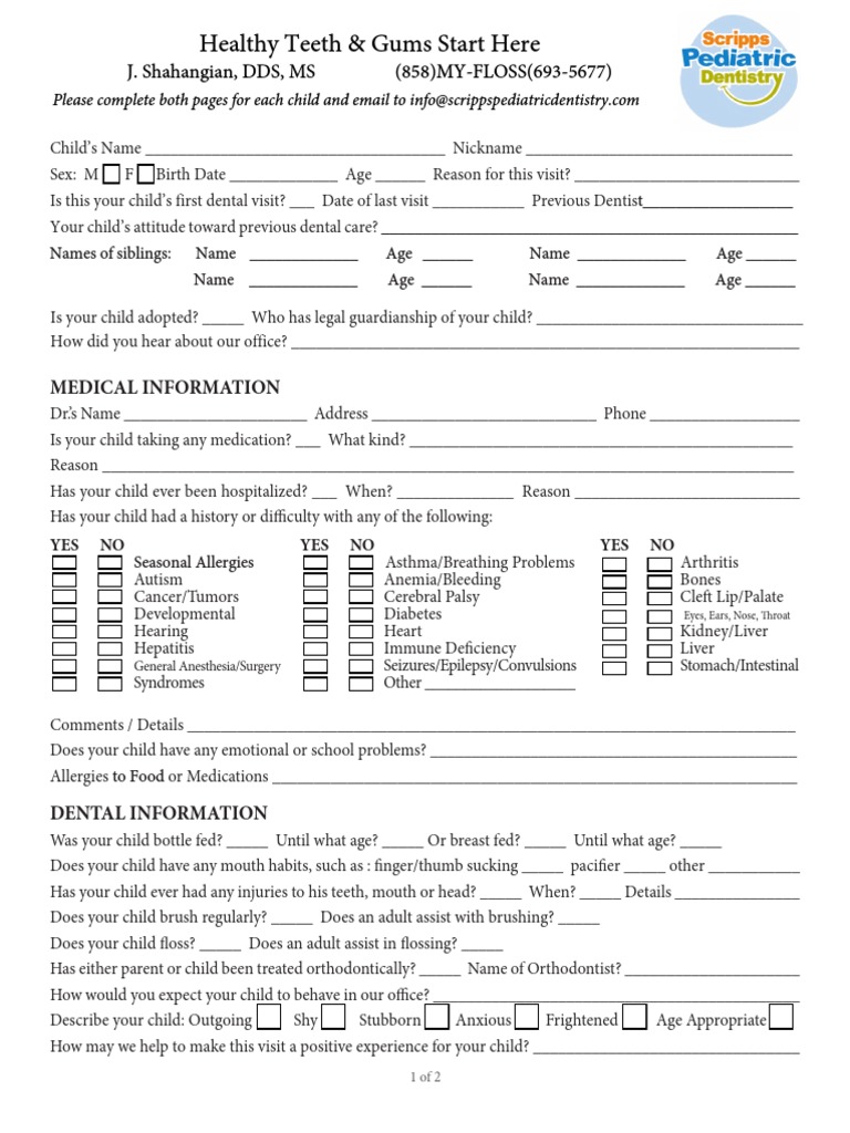 Scripps Pediatric Dentistry New Patient Form Dentistry Insurance
