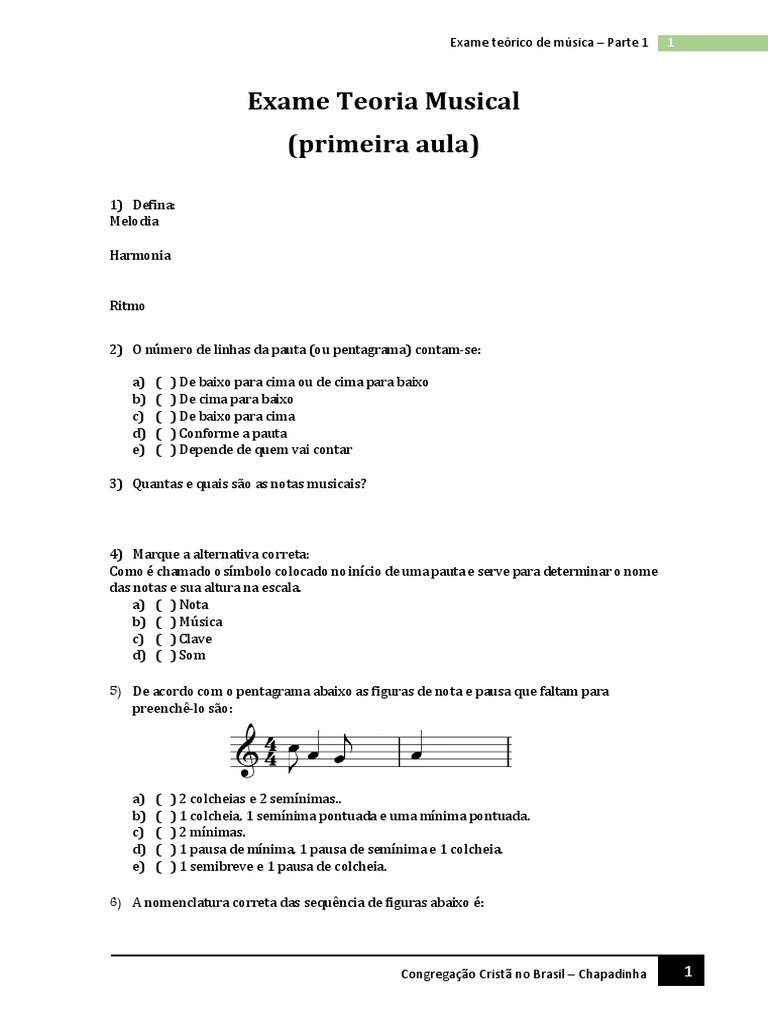 Prova de Música CCB Chapadinha | PDF | Ritmo e métrica | Formas musicais