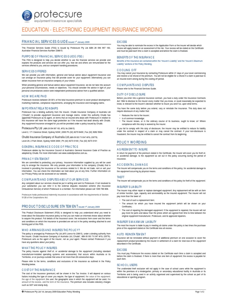 Education Policy Wording 2009 01 01 | PDF | Subrogation | Insurance