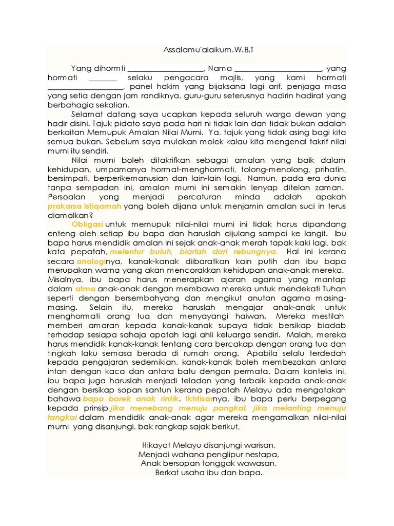 Teks Pidato Nilai Murni