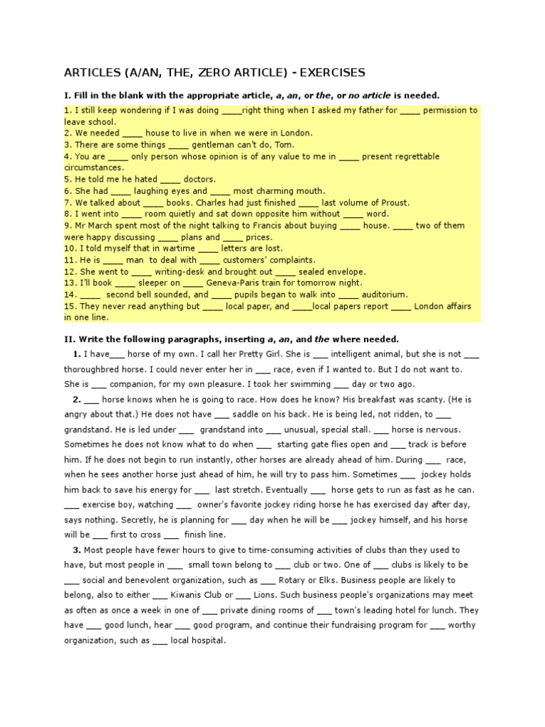 Articles (A/An, The, Zero Article) - Exercises | PDF | Jockey | Horses