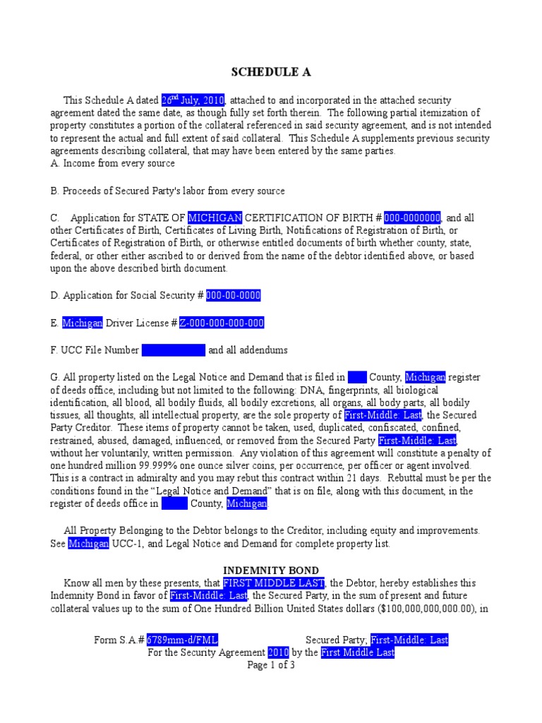 Schedule a and Indemnity Bond Template Indemnity Civil Law (Legal