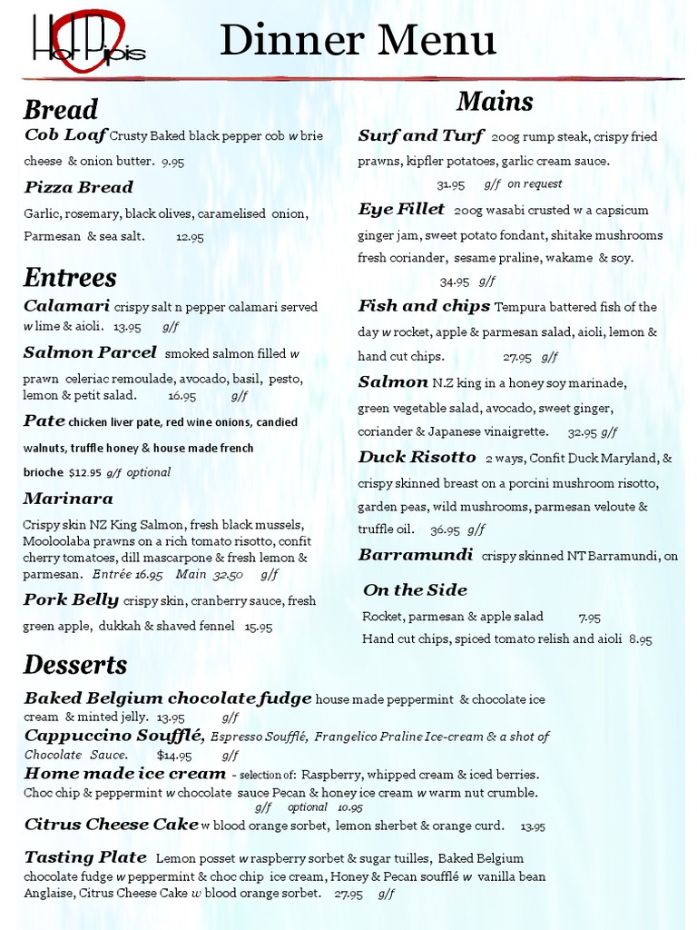 Gourmet Dinner Menu with Seafood & Desserts | PDF | Salad | French Fries