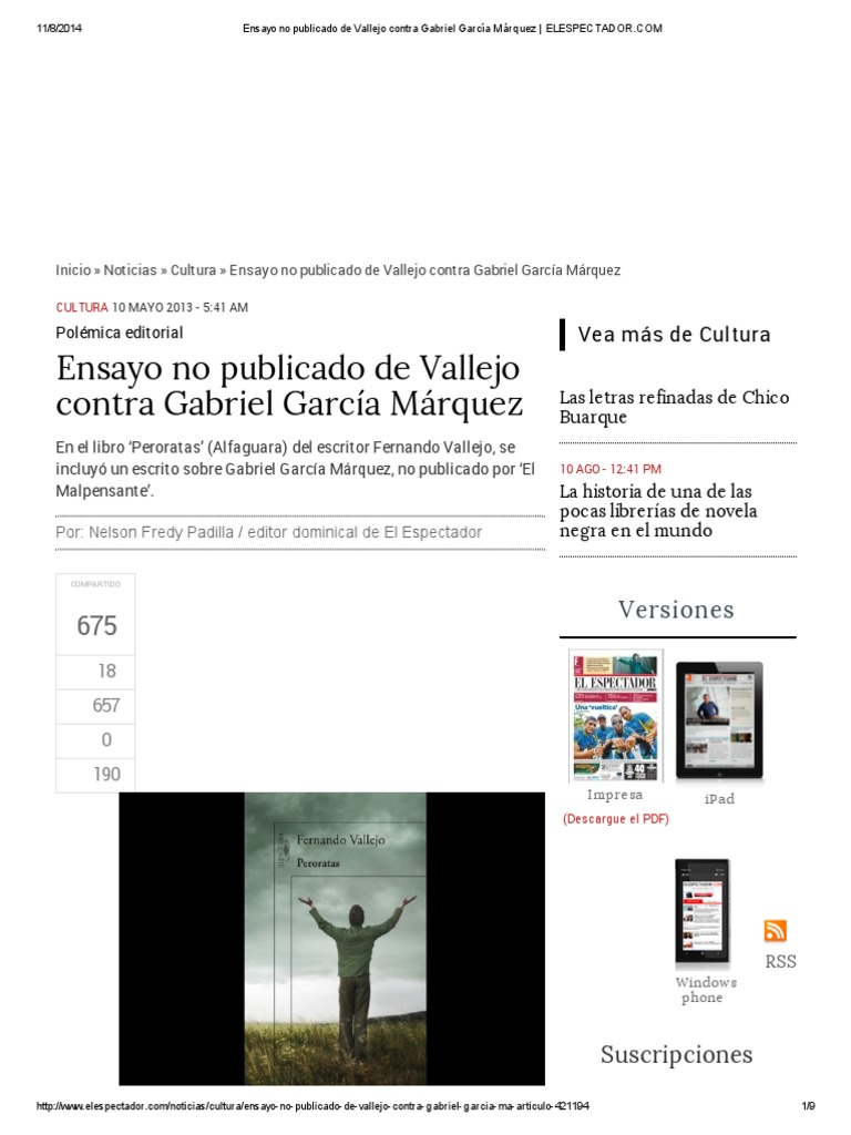 Ensayo No Publicado De Vallejo Contra Gabriel Garc a M rquez 