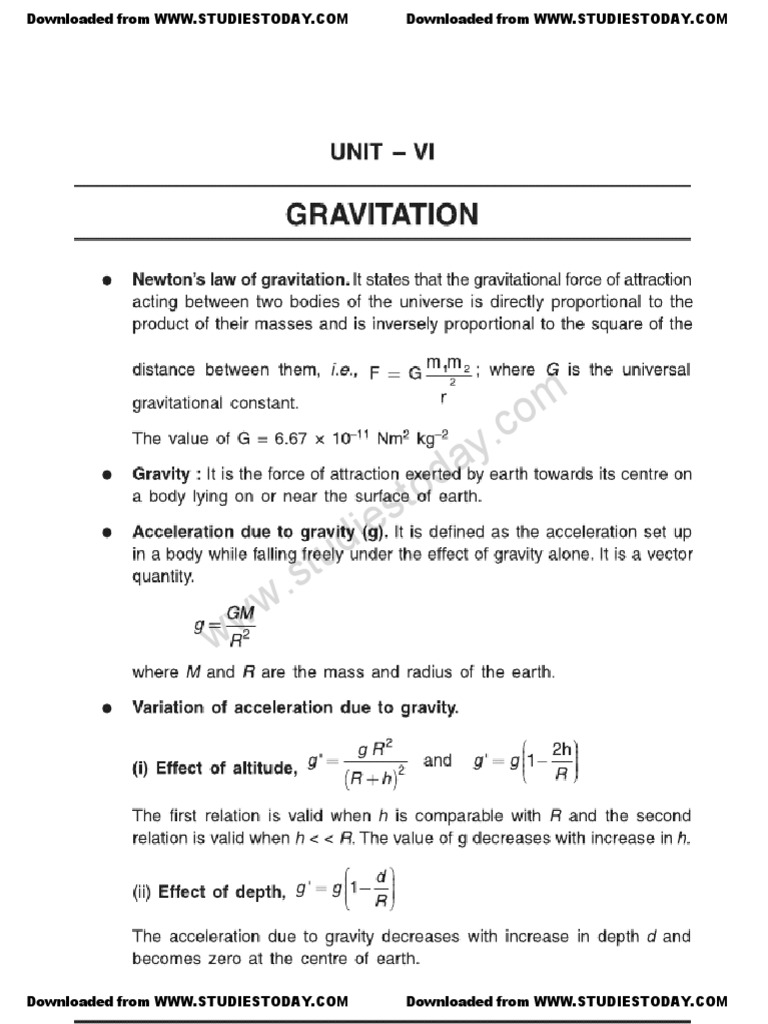 CBSE Class 11 Physics Questions for Chapter Gravitation Nature